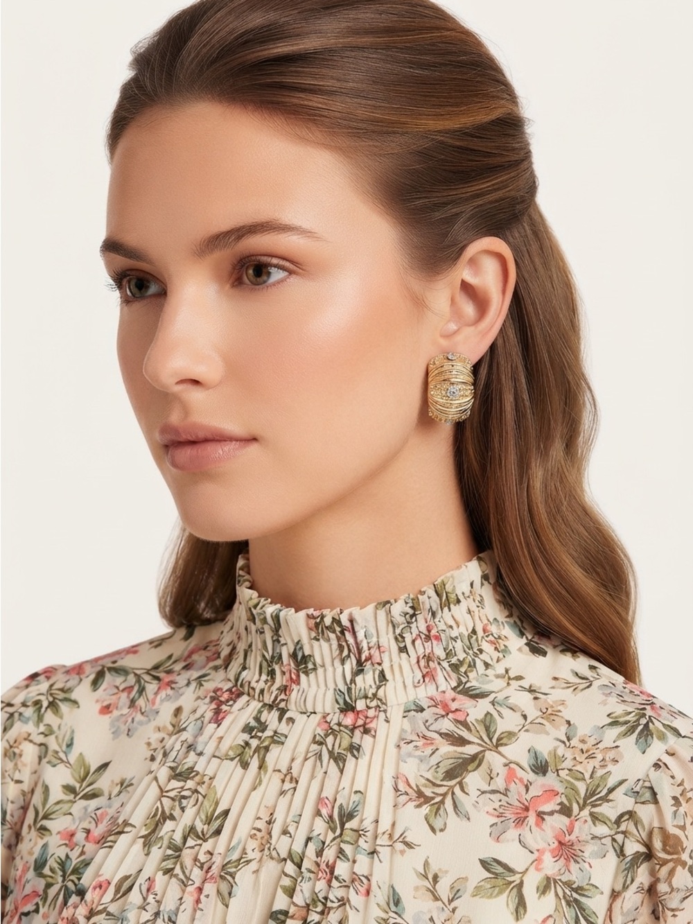 Vintage 80s Gold Dome Earrings | Ribbed Rhinestone Statement - Picture 6 of 14